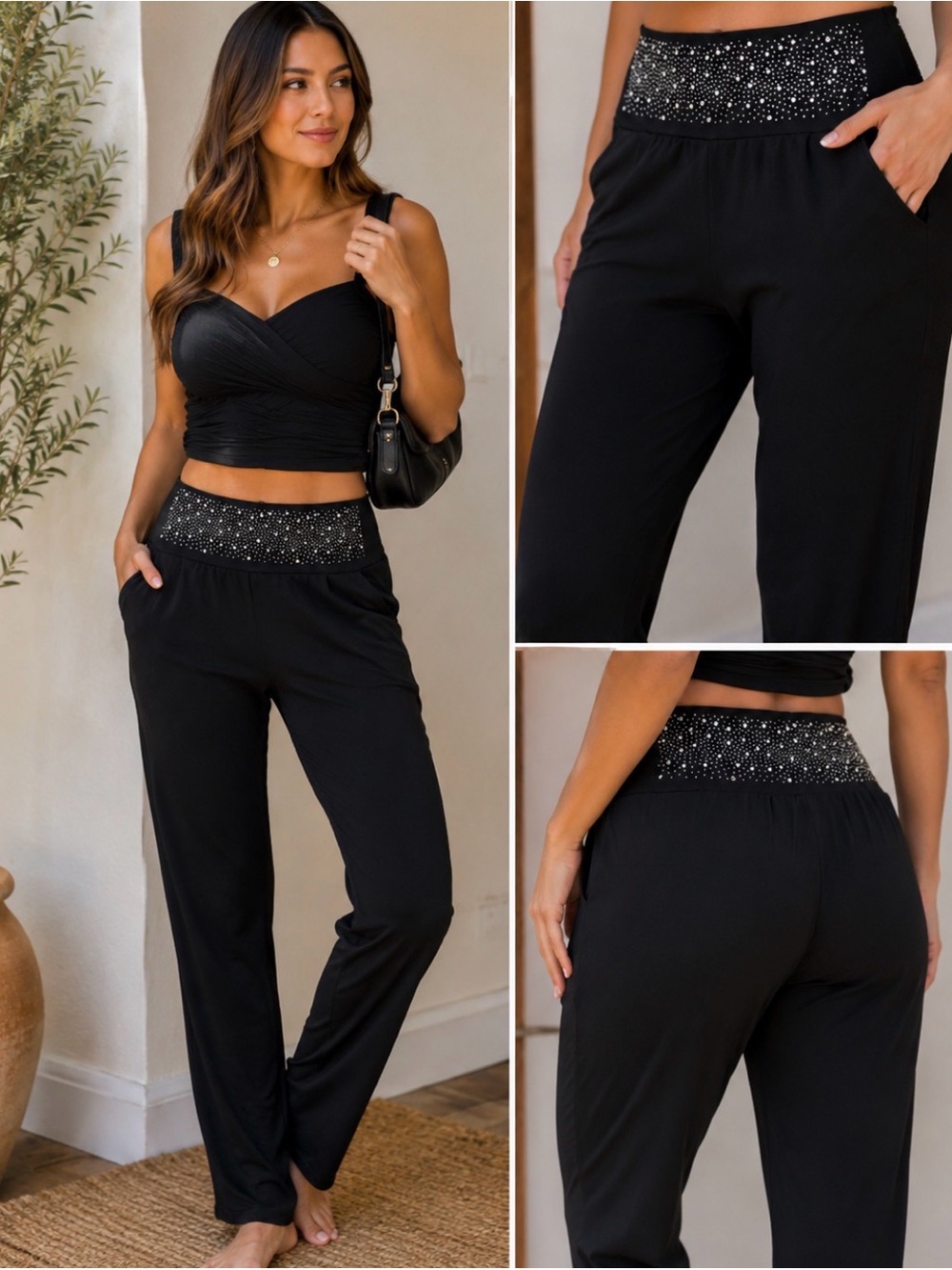 💐🫶Black Embellished Waistband Lounge Pants - Women